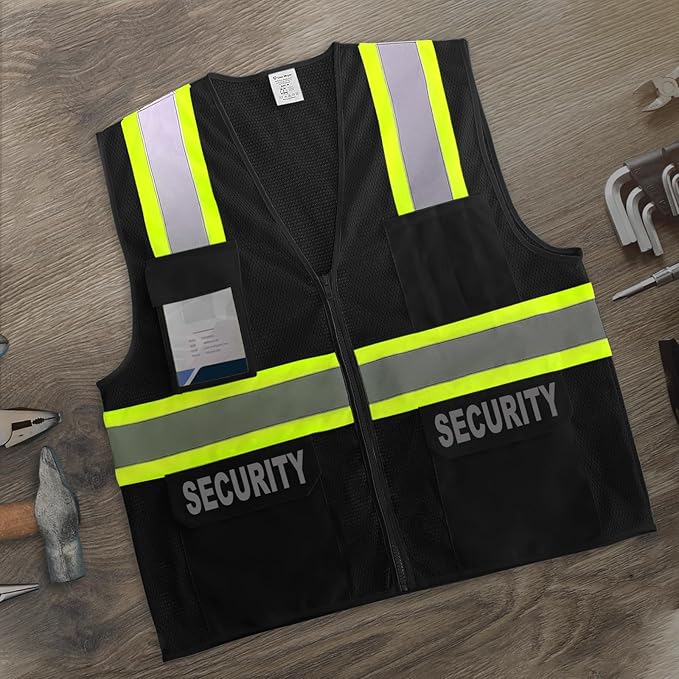 Security Vest for Men Women, High Visibility Vest with Pockets & Zipper, Neon Work Wear with Reflective Strips, ANSI Compliant, Black, 2XL