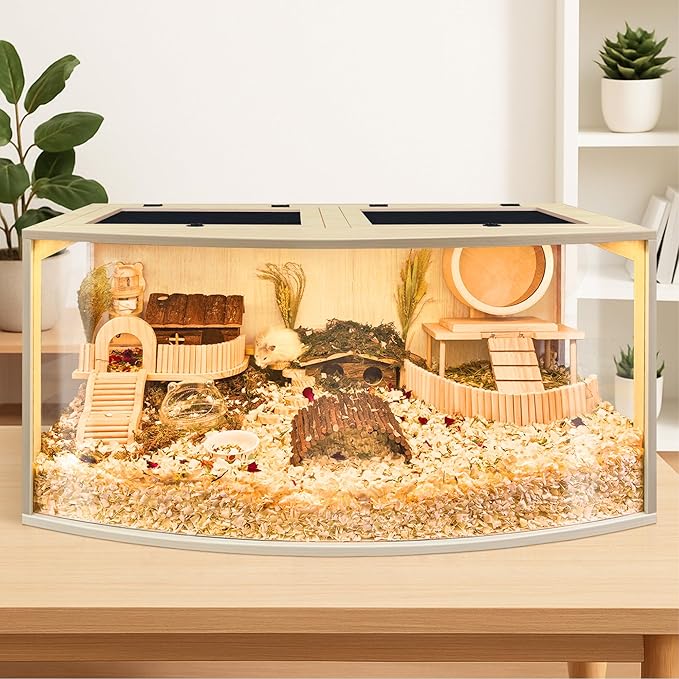 Prolee Hamster Cage Chew Proof Wood, Hamsters Enclosure Openable Top with Curved Design,Waterproof Small Animals Cage with Acrylic Sheets for Gerbils,Hamster Habitat(40 Inches)