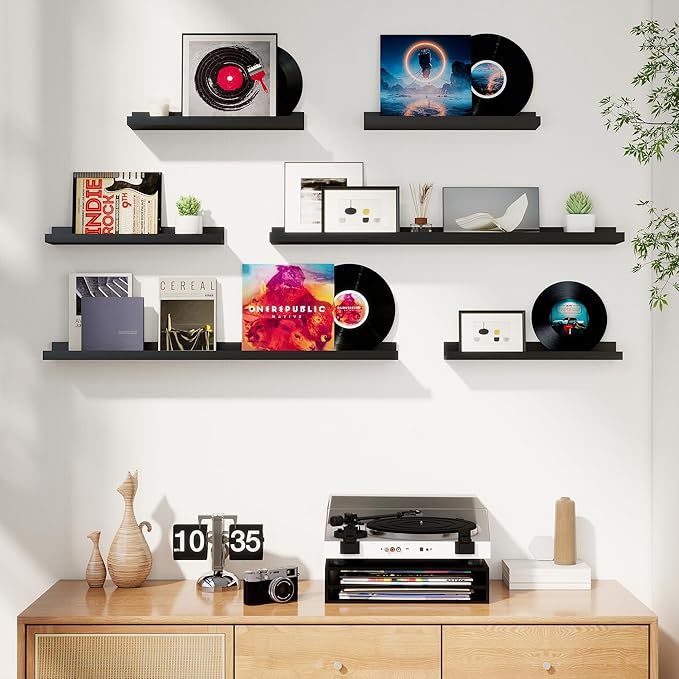 Axeman Picture Ledge Shelf, Floating Shelves for Wall Decor Storage Set of 6, 55 inch Floating Wall Mounted Shelves, Wall Shelves with Lip for Living Room, Bedroom, Nursery, Bathroom, Kitchen, Black