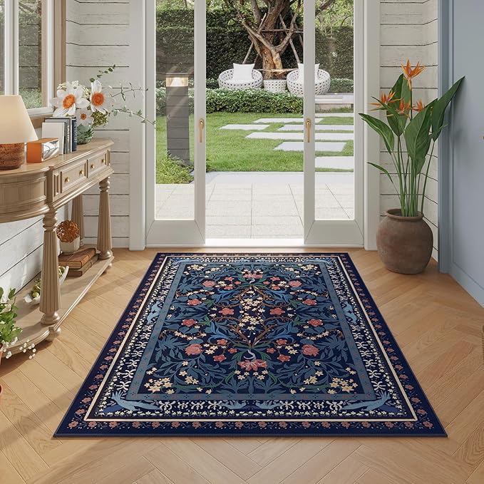 Bedroom Rug 3x5 Rug Washable Area Rug Non Slip Low Pile Vintage Floral Botanical Small Carpet for Bedroom, Bedside, Kitchen, Entryway, Kids Room, Office, Blue