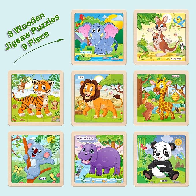 Wooden Puzzles for Toddlers 2-4, 9 Pieces Animal Jigsaw Puzzles for Kids Ages 3-5, Preschool Learning Activities, Learning & Educational Toys, Gifts for Boys, Girls