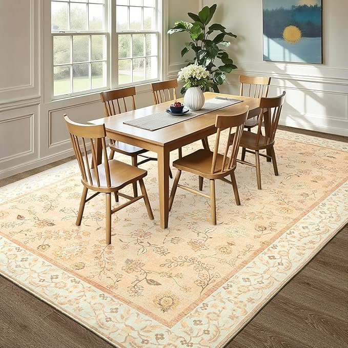 LOCHAS Washable Area Rugs 6x9, Peach Floral Rug for Living Room Bedroom Non Slip, Ultra Soft Vintage Indoor Carpet for Kids, Nursery, Dorm, Dining Room, Classroom, Boho Flower Home Decor, Low-Pile