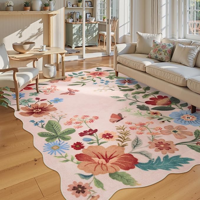 Lahome Floral Living Room Rugs, Light Pink