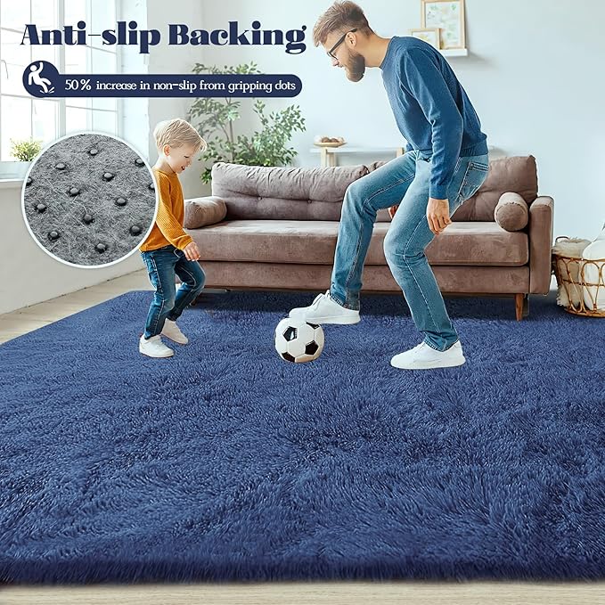 4x6 Area Rug for Living Room: Fluffy Shag Soft Washable Rugs Fuzzy Plush Indoor Carpet for Bedroom Nursery Playroom Dorm Kids Girls Boys Room (Navy Blue, 4'x6')