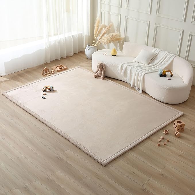 Premium Baby Playmat for Floor 80" x 110" Beige – Cloudsoft Coral Velvet Memory Foam Rug for Crawling – Non-Slip, Water-Resistant, Non-Toxic, Easy-Care Muscle Mat – Thick Play Mat for Baby