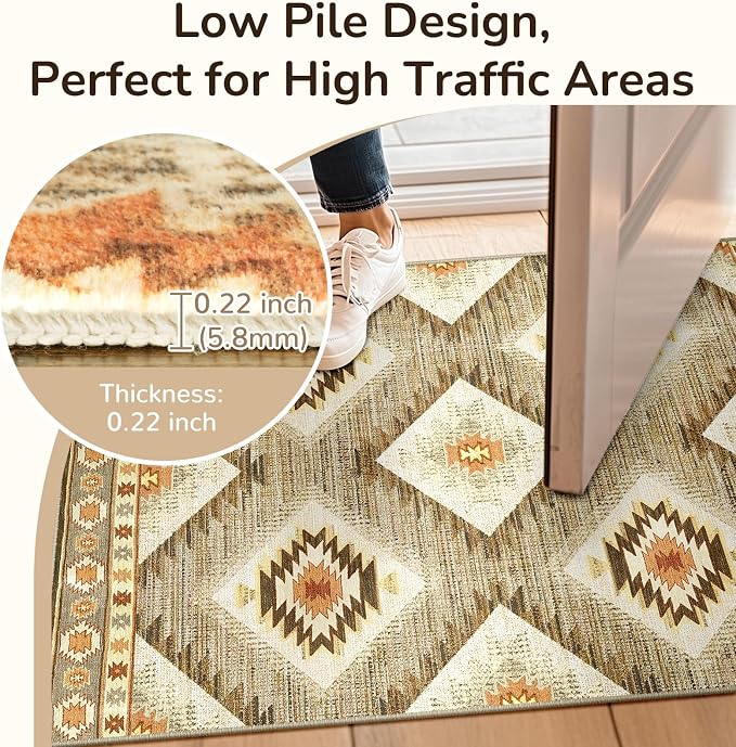 Area Rug 2x6 Rug Machine Washable Non-Slip Low Pile Print Pattern Western Rug