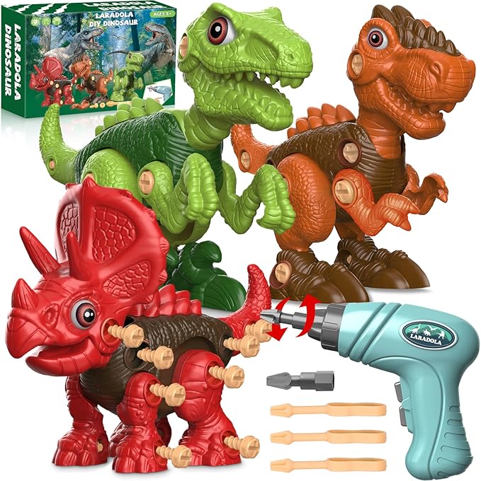 Laradola Dinosaur Toys for 4 5 6 7 8 Year Old Boys, Take Apart Dinosaur Toys for Kids 3-5 5-7 STEM Construction Building Kids Toy with Electric Drill, Party Birthday Gifts