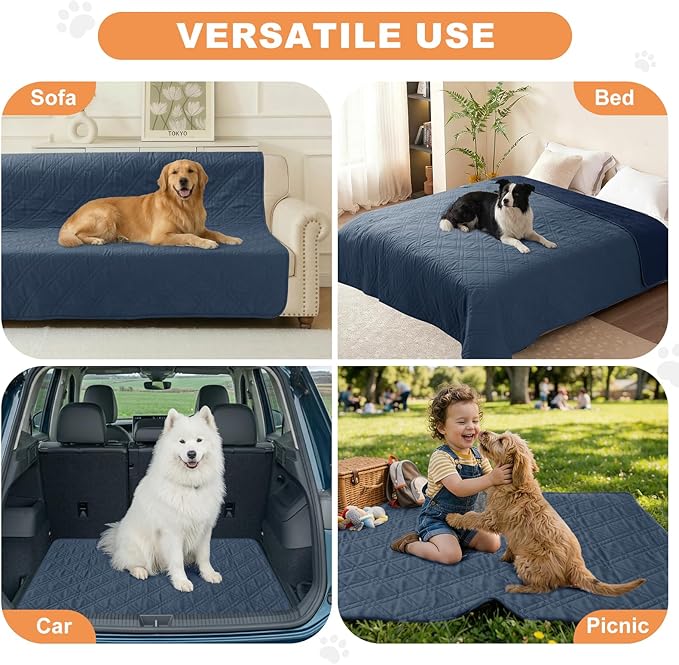 100% Waterproof Dog Couch Protector, Triple-Layer Waterproof Dog Bed Cover Pet Blanket Reversible 2-Tone Sofa Shield, Non-Slip Furniture Guard for Pets(82×92 Inch, Blue+Navy Blue)