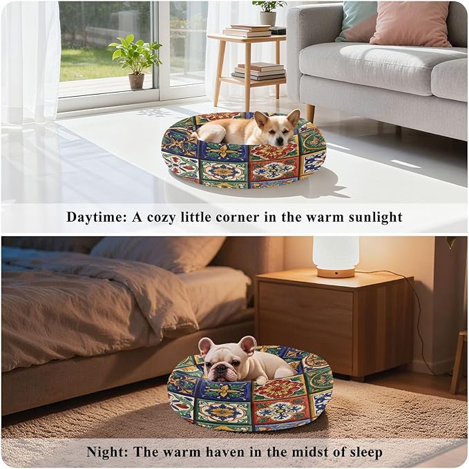 Round Cat Bed Dog Bed,20in Mexican Tile Patterns Washable Non-Slip Bottom Soft Pet Bed for Small Medium Dogs and Cats