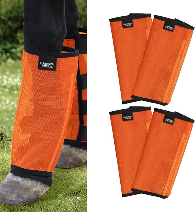 Harrison Howard Loose Fitting Fly Boots UV-Protective Extra Tough Mesh Ventilated Four Fasteners Stay-on Design Protect Horse Legs & Stomp-Reducing Set of 4 Orange Small