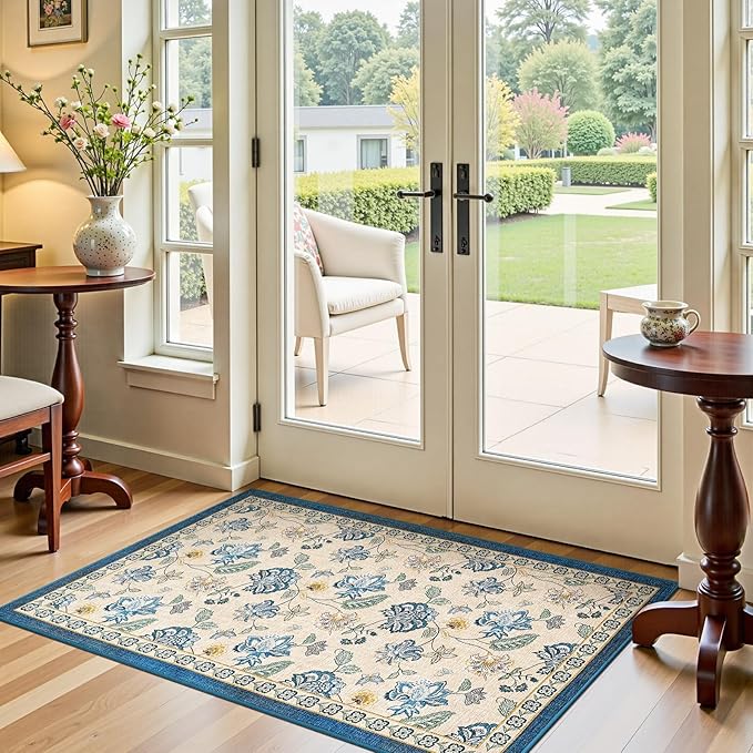 jinchan 3x5 Floral Rug for Entryway Washable Kitchen Rug Vintage Romance Design Small Mat Non Slip Indoor Doormat Lightweight Low-Profile Throw Carpet for Entrance Bathroom Laundry Room, Blue/Beige