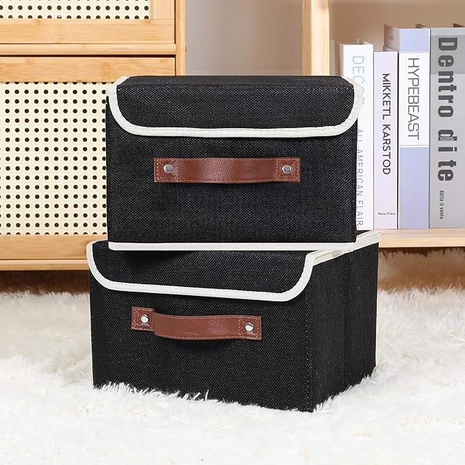 ANMINY 4PCS Storage Bins with Lid PU Leather Handles Storage Boxes PP Plastic Board Decorative Foldable Lidded Cotton Linen Fabric Home Cubes Baskets Closet Organizer Containers - Black, Small Size