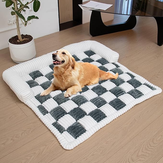 LiveGo Fuzzy Pet Couch Covers for Sofa, Dog Couch Cover Fuzzy Sofa Cover Cream Square Plaid Dog Bed Plush Dog Mat for Furniture Protector for Large Medium Dogs and Cats