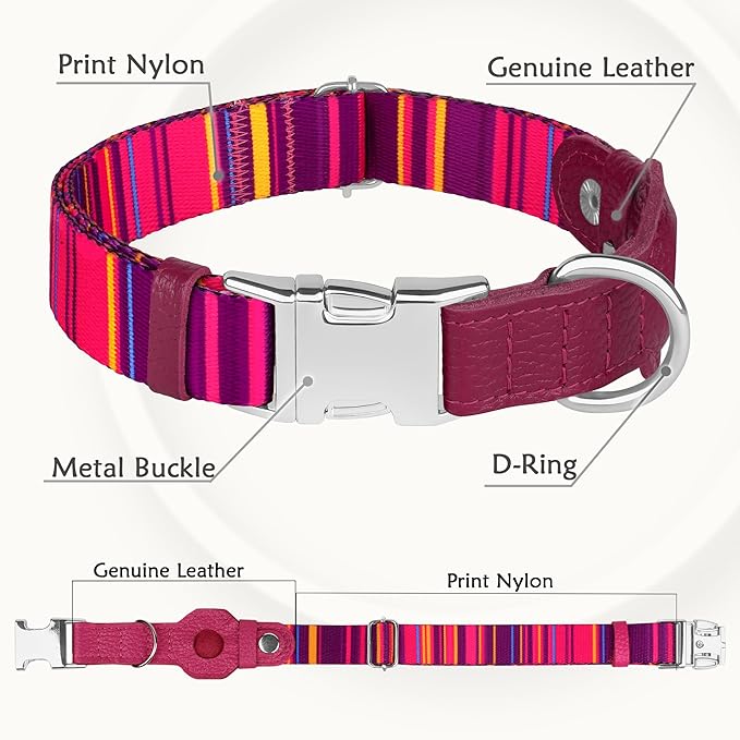 AirTag Dog Collar for Small Medium Large Breed - Adjustable Cute Pattern Dog Collar with Airtag Holder - Soft Leather Tracker GPS Apple Air Tag Pet Collars (Small, 12"-15" Neck Fit, Striped)