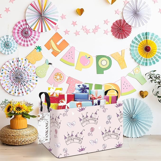 FANKANG Storage Bins, Nursery Hamper Canvas Laundry Basket Foldable with Waterproof PE Coating Large Storage Baskets for Kids Boys and Girls, Office, Bedroom, Clothes,Toys(Rec-Princess Castle