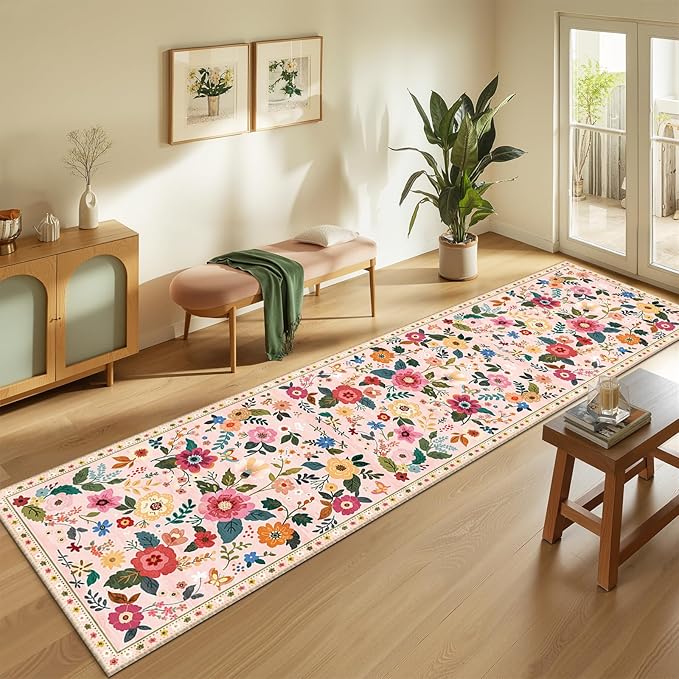 Floral 2x8 Area Rug Machine Washable Soft Print Boho Carpet Non Slip Doormat Low Pile Flower Area Rugs for Living Room Bedroom Nursery Kitchen Dining Room Indoor-Pink