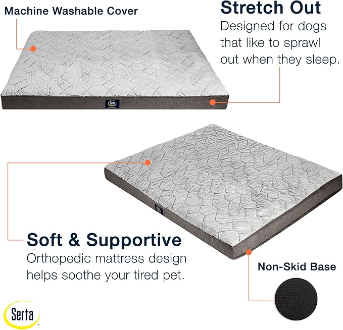 Serta Orthopedic Quilted Pillow Top Dog Bed for Pets – Slate Gray (X-Large)