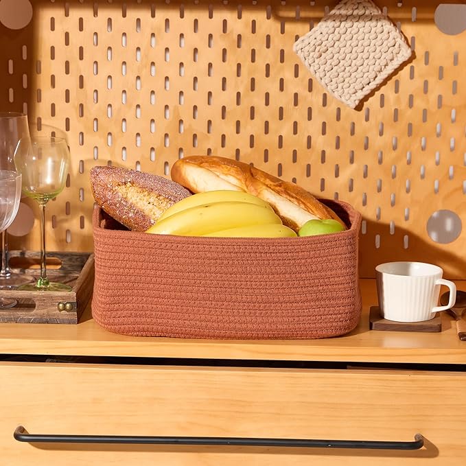 Small Storage Baskets for Organizing | Closet Organizer Bins | Shelf Toy Basket | Woven Rope Baskets | Cube Decorative Box | Shallow Basket | 13x8.5x5.1” | 4 Packs Oxide Red