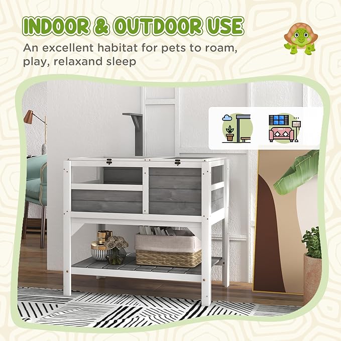 PawHut Tortoise Habitat with Shelf Storage, Tortoise Enclosure with Weather Protection, Reptile Enclosure with Tray, Light Support Frame, Light Gray