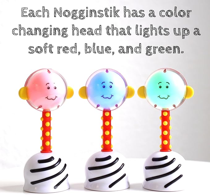 NogginStik Light-up Developmental Rattle - Color Changing, Textured for Grasping, Mirror & Rattle Sound - Sensory Toy for Babies, Ages 0-12 Months
