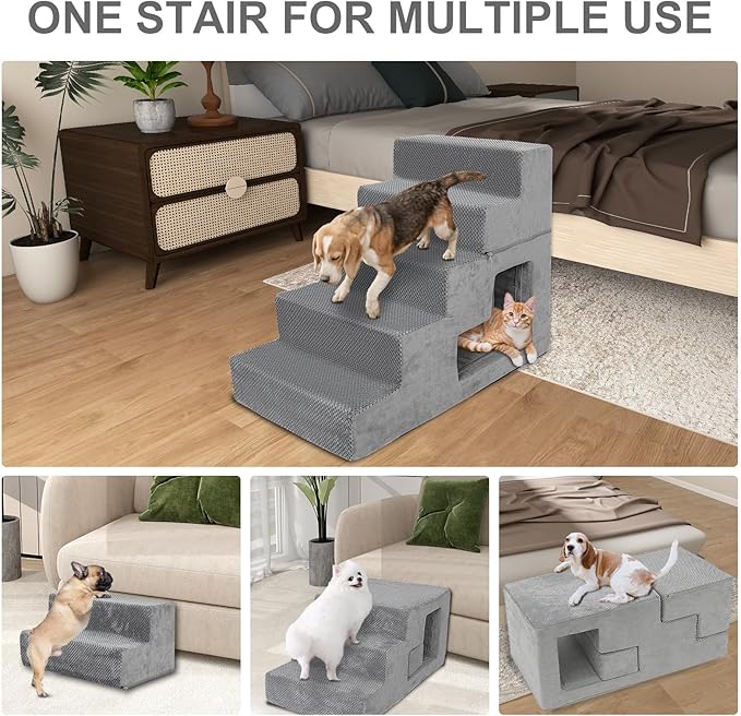 5-Step Dog Stairs for High Bed, 23” H Dog Steps for Bed, Pet Steps for Small Dogs and Cats with Non-Slip Washable Cover, Indoor, Grey