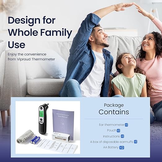 Ear Thermometer for Kids, Babies and Adults, 1 Second Accurate Digital Thermometer, Mute Function, 3-Color Fever Alert, 3 Age Groups, 30 Memory Recall with 20x Probe Covers (Dark Black)