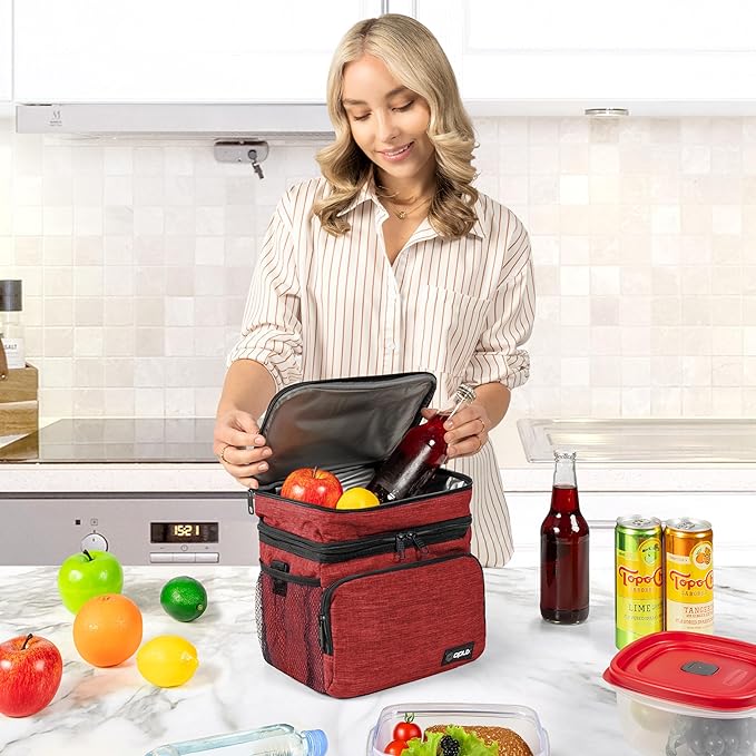 opux Insulated Lunch Bag for Men Women, Large Dual Compartment Cooler Bag, Soft Two Deck Lunch Box for Work School Picnic, Leakproof Lunch Tote with Shoulder Strap for Kid Adult (Red, Double Deck)