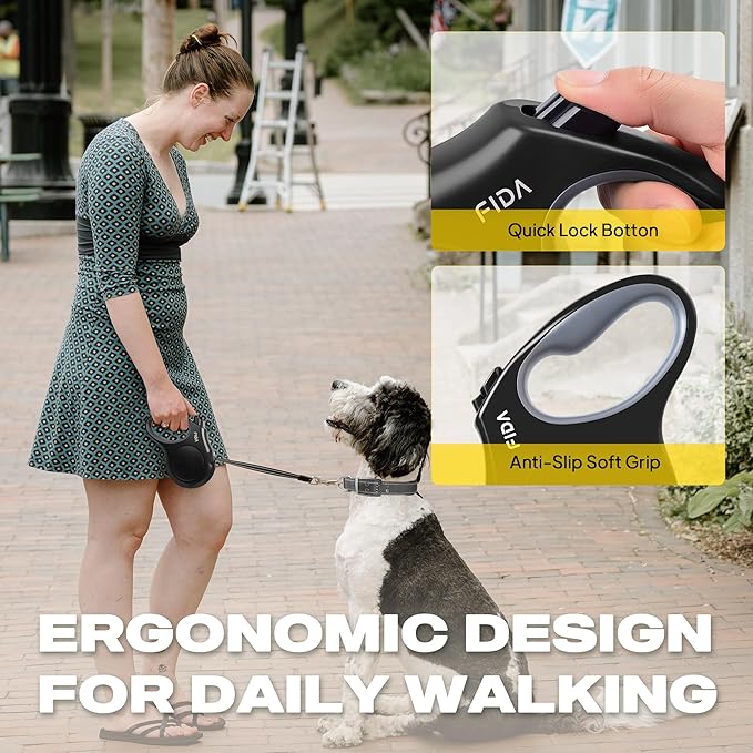 Fida Retractable Dog Leash Large Breed, Heavy Duty 16 ft Dog Walking Leash, up to 110 lbs, 360° Tangle Free, Black (Pack of 2)