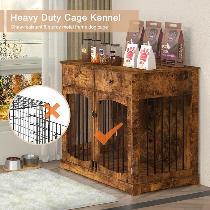 BREEZEHEAT 40 inch Dog Crate Furniture-Farmhouse Dog Kennel with Drawers-End Table Wooden Pet Crate, Double Door Design, Decorative Dog House Indoor for Small Medium Large Dog,Rustic Brwon