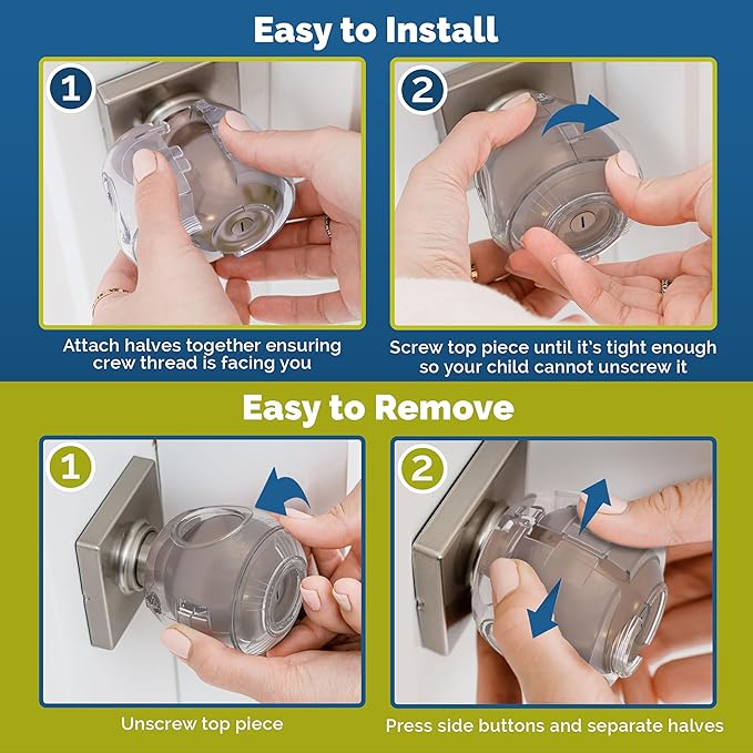 Door Knob Safety Cover for Kids (6 Pack) Hard-to-Remove Dual-Lock Door Handle Covers for Kids - Reusable Baby Proof Door Knob Locks - Installs Easily, No Tools Needed (Transparent)