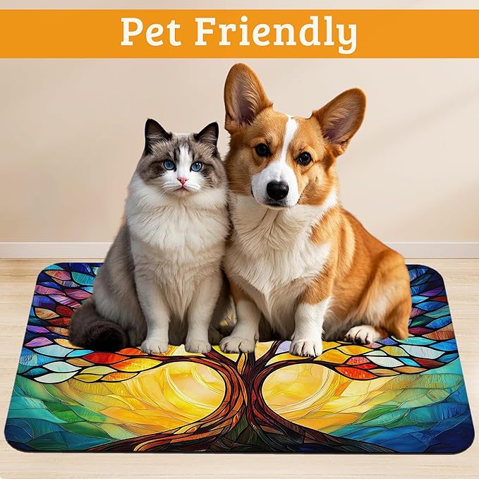 Tree of Life Feeding Mat,Colorful Tree Absorbent Quick-Dry Cat Dog Food and Water Bowl Mats,Non-Slip Rubber Backing Mat,Cat Dog Accessories Supplies 16" x 24"