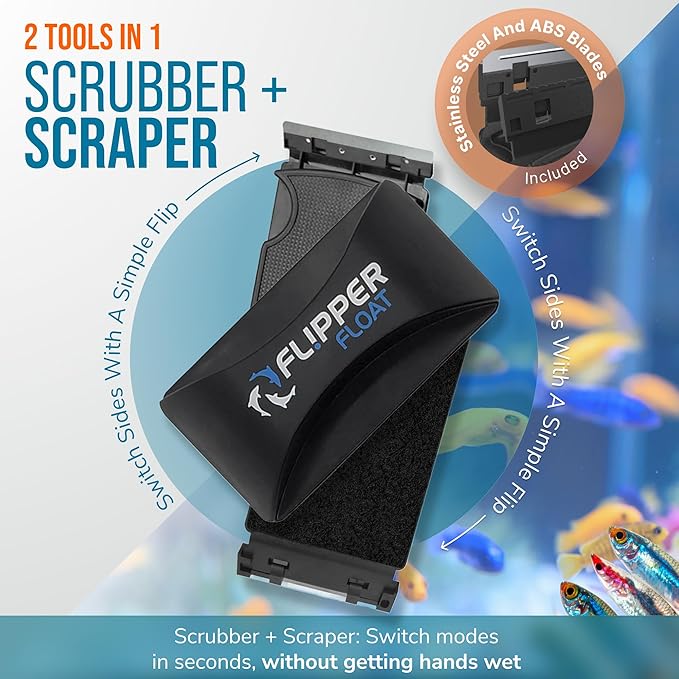 Flipper Cleaner Float - 2-in-1 Floating Magnetic Aquarium Glass Cleaner - Fish Tank Cleaner - Scrubber & Scraper Aquarium Cleaning Tools - Floating Fish Tank Cleaner, Standard
