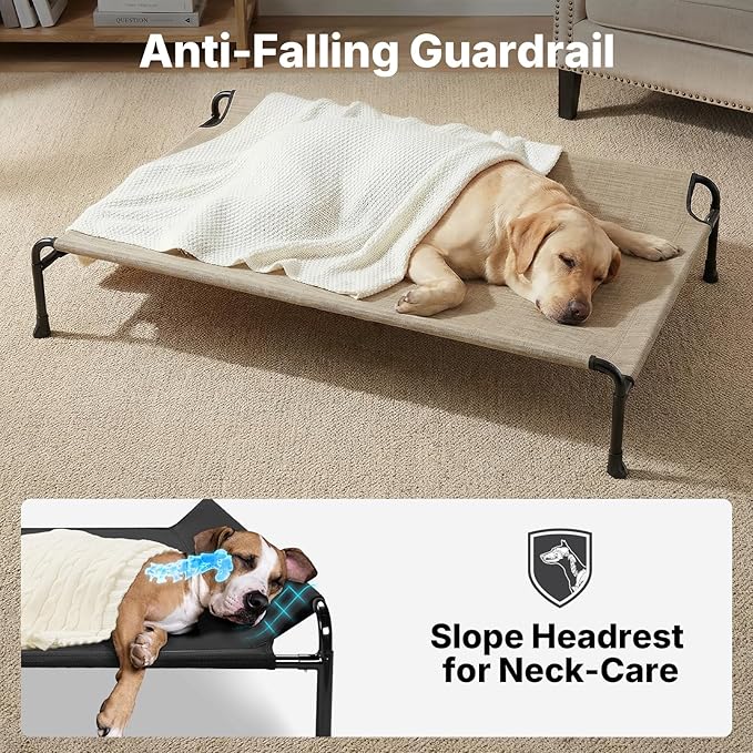 Veehoo Outdoor Dog Bed, Raised Dog Beds for Large Dogs, Elevated Dog Bed with Headrest, Washable Cooling Pet Cot with Non-Skid Feet, Breathable Mesh, Pet Hammock for Indoor or Camping, 47", Beige