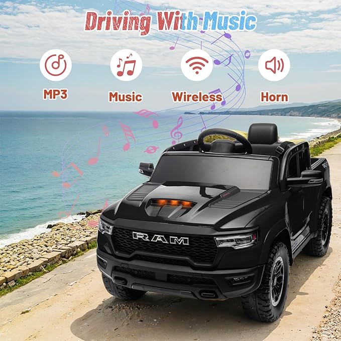 Licensed Ram 1500 Ride on Toys for Kids 4-8, Ride-on Electric Car for Kids with Remote Control, Battery Powered with Car Key/Gear Selector, LED Light/Music/MP3, Back Storage (Black)