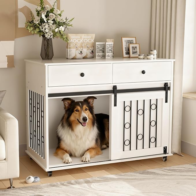 39.37'' Modern Wooden Dog Crate Furniture with Double Drawers and Sliding Barn Door, Decorative Pet Kennel End Table with Lockable Wheels, Stylish Dog Cage for Small to Medium Dogs – White