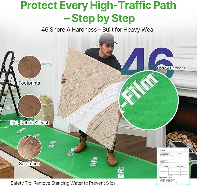 39" x 200' Heavy-Duty Floor Protection | Construction Grade Carpet Protector | Drop Cloth Plastic Film for Hardwood Floors | Waterproof Painters Covering with No Residue (Green)