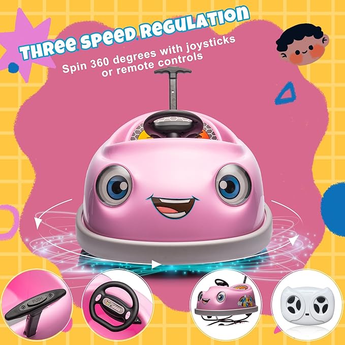 12V Dual Battery Electric Ride on Kids Bumper Car w/Remote Control,360 Degree Spin,Push Rod Rocker Horse Function,3-Speeds Babies & Toddlers Bumping Car Ride on Toy Gift for 1-4 Years Children (Pink)