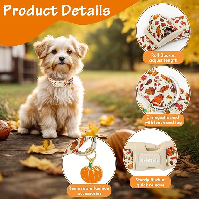 Fall Dog Collar – Halloween & Thanksgiving Dog Collars for Medium Dogs – Soft & Comfortable Autumn Puppy Collar with Quick Release Buckle, Medium Dog Collars for Girl Boy Dogs-M ﻿