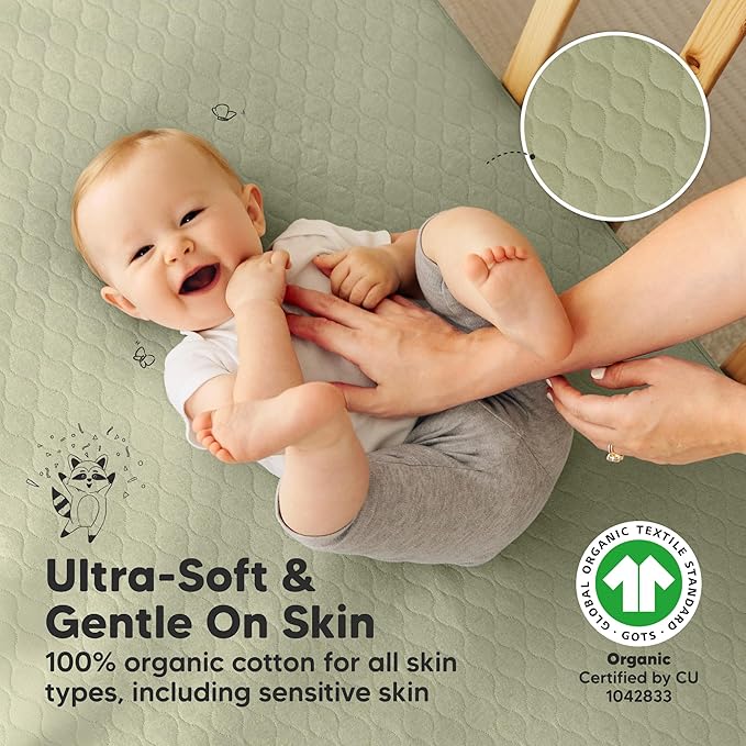 Waterproof Crib Mattress Protector Cover Fitted - 2-Pack Quiet Baby Crib Mattress Pad Sheets, 52" x 28" Soft Quilted Cotton Baby Sheet, Machine Washable, Easy Fit, Durable (Avocado/Mavy)
