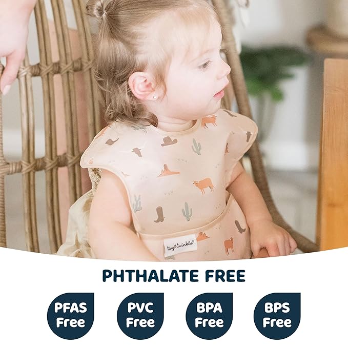 Tiny Twinkle Mess Proof Baby Bibs for Eating - Waterproof, Wipeable Bibs - Toddler Bibs - Travel Friendly - PFAS, PVC, BPA, Phthalate Free - Baby Food Bibs(3 Pack,Cowboy)