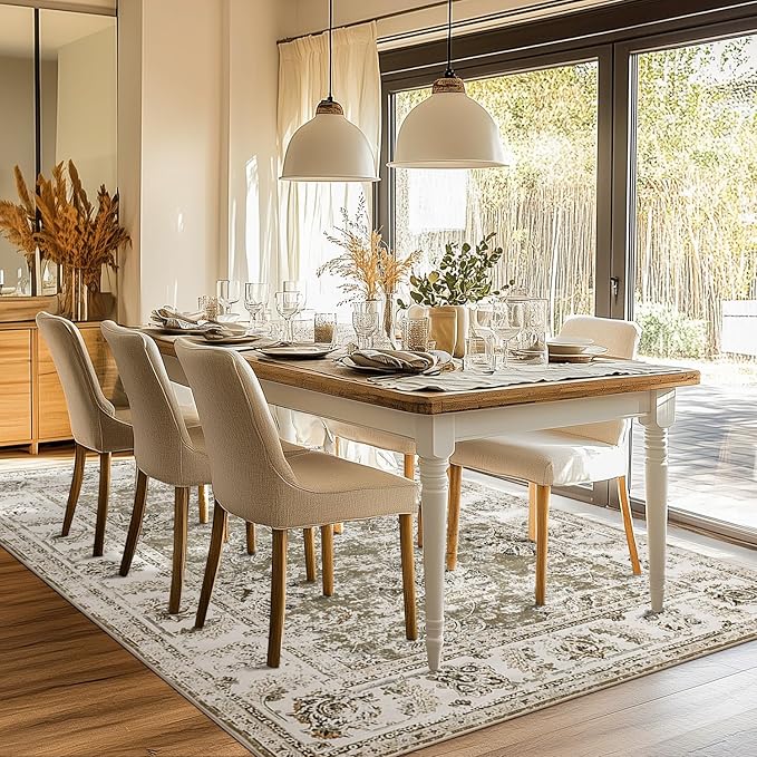 jinchan 9x12 Area Rugs for Living Room - Machine Washable Vintage Floral Distressed Design Stain Resistant Carpet Low Pile Non-Slip Large Rug for Bedroom Dining Room Home Office (9‘x12',Taupe)
