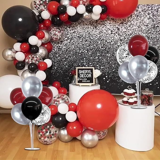 TONIFUL 4 Set Burgundy Red Black Silver Balloon Stand Centerpiece Table Decorations for Graduation Decoration 2025,Christmas Party Decoration,Halloween,New Year's Eve,Anniversary,Birthday Decorations