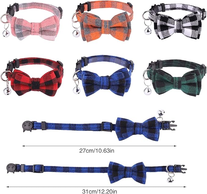 DragonflyDreams 6 PCS Cat Collars with Bow Tie and Bell,Cat Collars Plaid,Breakaway Adjustable Cat Bow Tie Collars,Cute Bow Tie Suitable for Kittens Or Certain Puppies