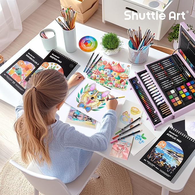 Shuttle Art Deluxe Gift Art Kit, 202-Piece Wooden Art Supplies Set with 4 Drawing Pads, Canvases, Coloring Sheets, Acrylic Paint, Crayons, Oil Pastels, Colored Pencils for Kids