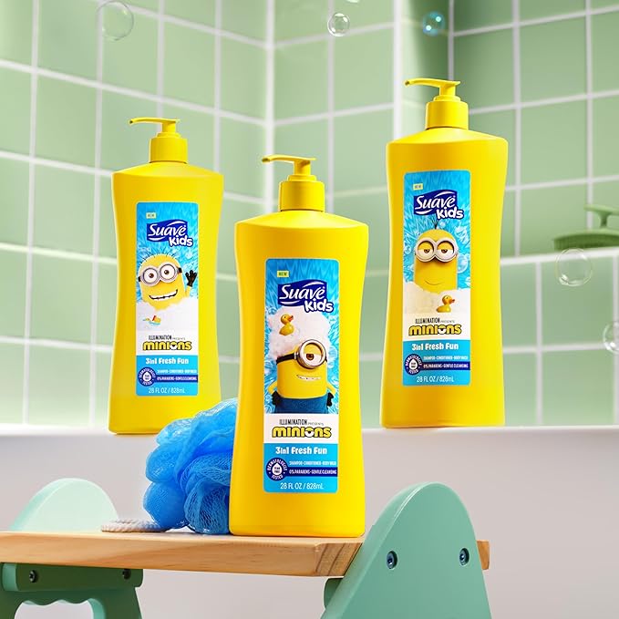 Suave Kids Minions 3-In-1 Shampoo, Conditioner, and Body Wash, For Tear-Free and Gentle Cleansing, 28 oz(Pack of 4)