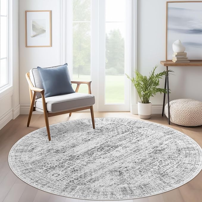 Soalmost 6x6 Grey Round Rug 6ft Living Room Circle Rug Gray Vintage Round Area