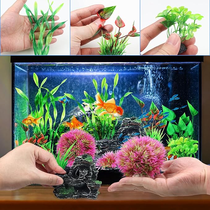 Fish Tank Accessories Aquarium Plants, 10pcs Colorful Fish Bowl Ornaments Plants and Rock Cave Decor Set, Aquarium Decor