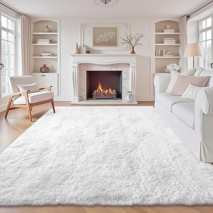 6x9 Area Rug for Living Room: Fluffy Shag Soft Washable Rugs Large Fuzzy Plush Indoor Carpet for Bedroom Nursery Playroom Kids Girls Boys Room (White, 6'x9')