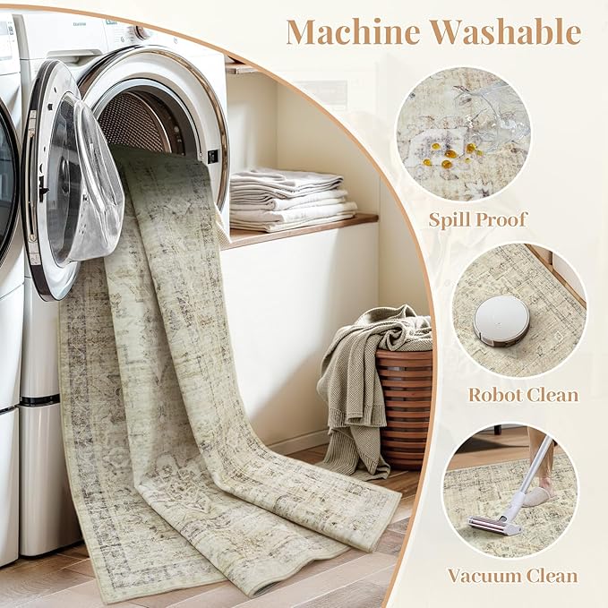 LIVEBOX Washable 2x6 Runner Rug for Bathroom, Non Slip Kitchen Mats for Floor Entryway, Boho Indoor Front Door Mat Low-Pile Runners for Hallways, Farmhouse Rugs for Bath Laundry, Tan