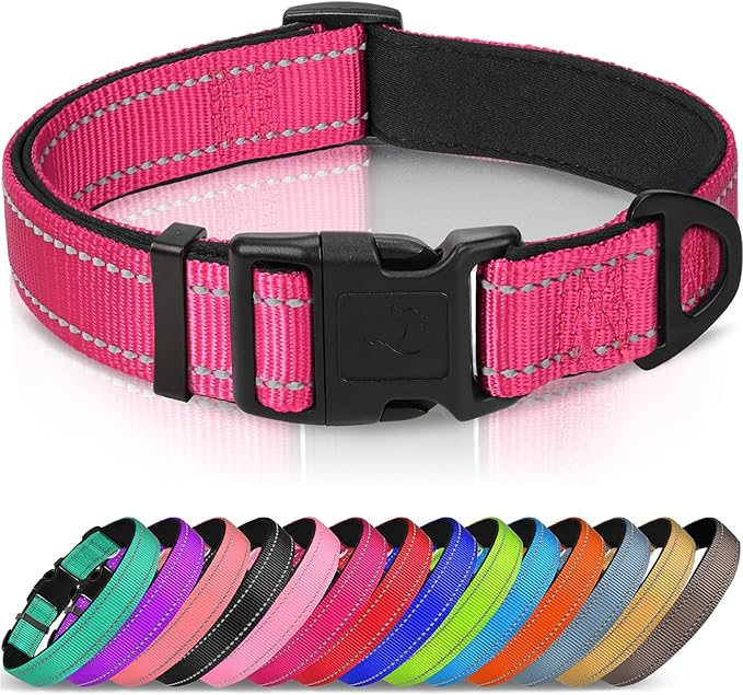 Joytale Reflective Dog Collar, Soft Neoprene Padded, Metal D-Ring, Nylon Pet Collar Adjustable for Large Dogs, Hotpink, L